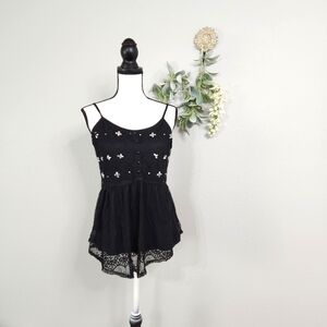Candie’s Black Lace Rhinestone Cami Tank Lined Top, Mesh Peek a Boo Curved Hem